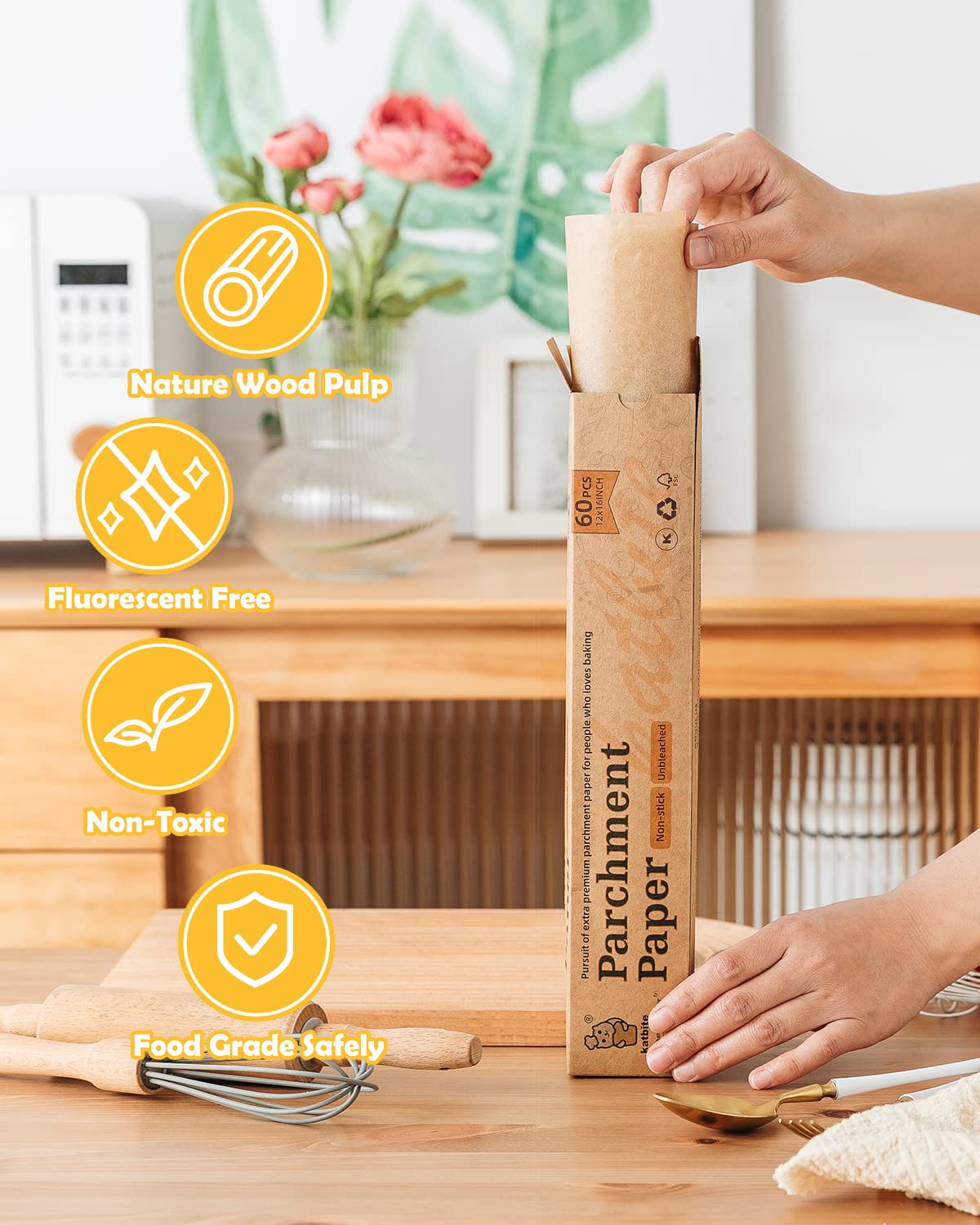 Katbite 12X16 Inch Parchment Paper Sheets, Pre Cut Unbleached Baking Paper, Heavy Duty & Non-Stick For Half Sheet Baking, Cookin